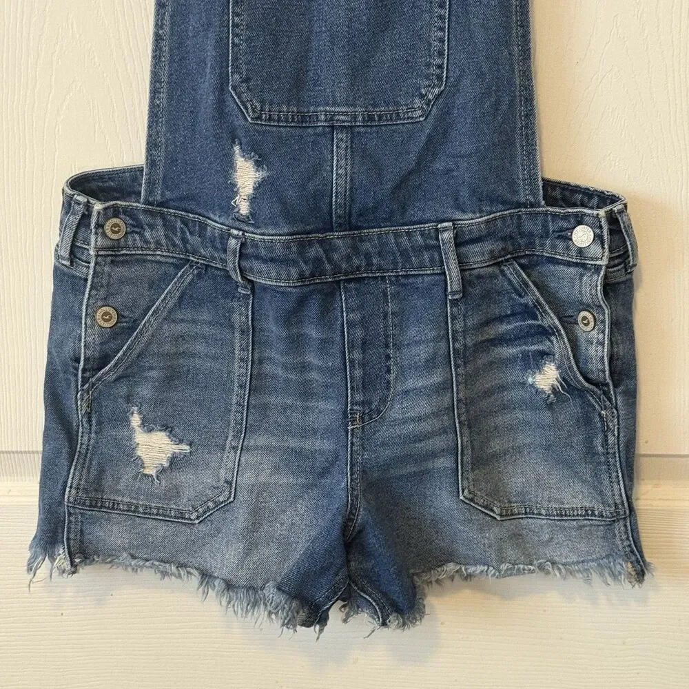 Hollister Boyfriend Short Denim Overalls Size Large Distressed Raw Hem Stretch